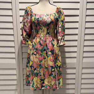 GAP Colorful Floral Midi Ruched Dress in a Linen-Viscose blend.